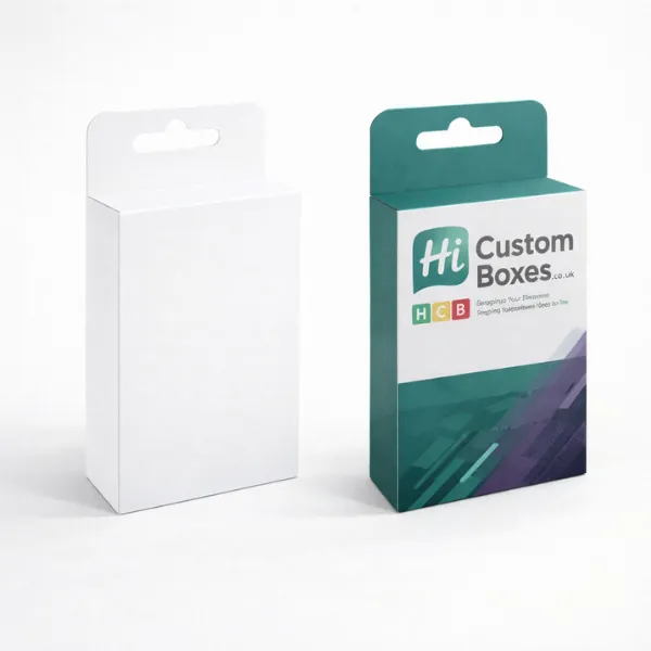 Two hanging retail boxes with punch holes- showing a plain white and a branded green design- class=